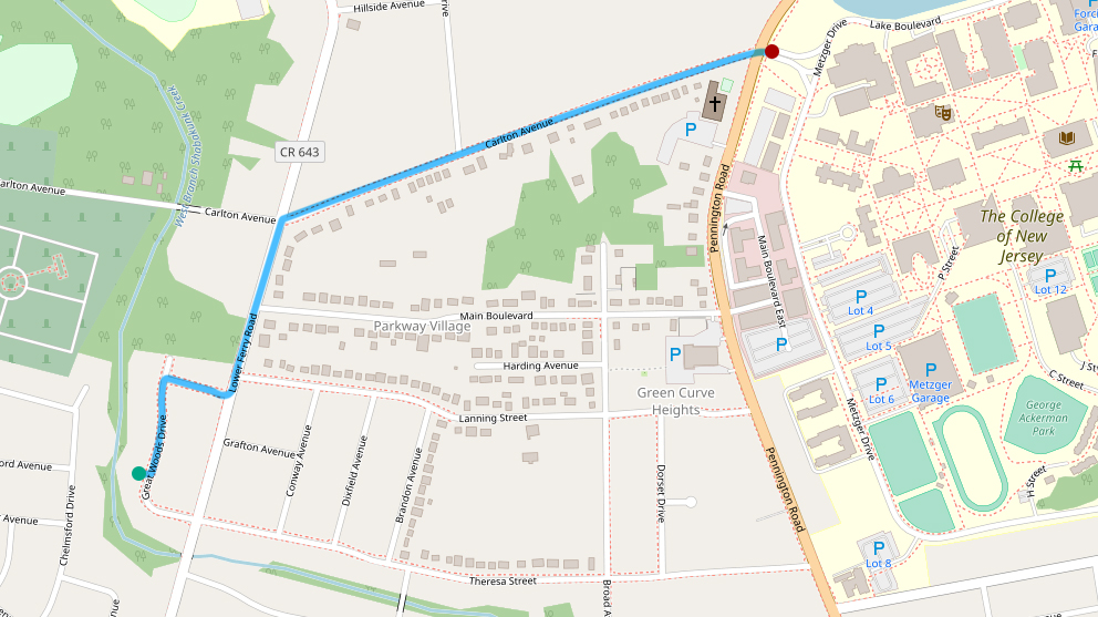 Map from 13 Great Woods Drive to TCNJ Campus